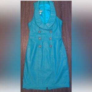 Vtg 80's Rafaell Nautical Military Teal Leather Bandage Bodycon Dress 5/6